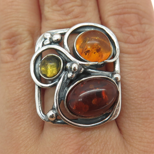 925 Sterling Silver Vintage Real Multi-Color Amber Modernist Ring Size 7