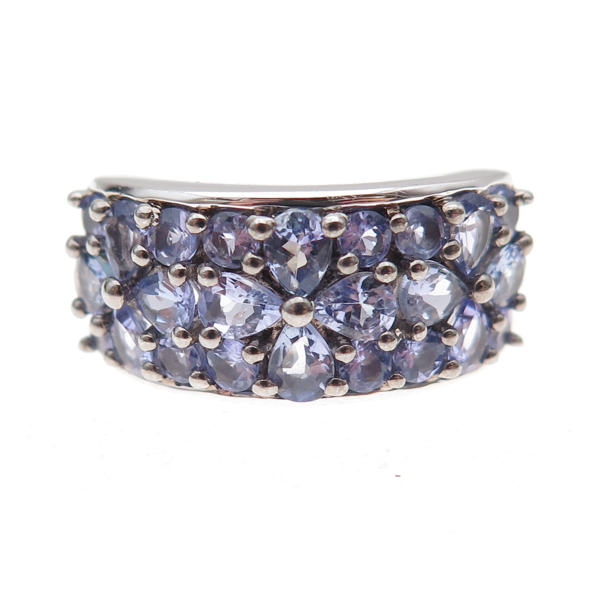 925 Sterling Silver Real Pear & Round-Cut Tanzanite Floral Ring Size 8