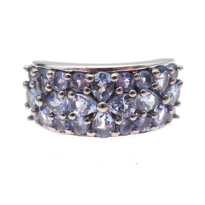 925 Sterling Silver Real Pear & Round-Cut Tanzanite Floral Ring Size 8