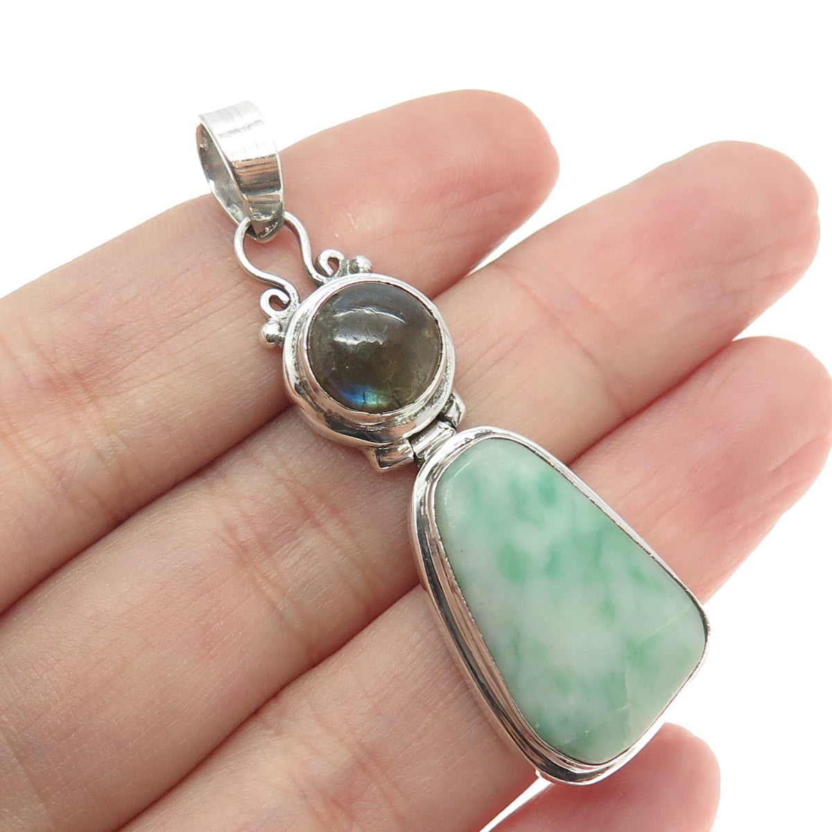 925 Sterling Silver Vintage Real Jade & Labradorite Gemstone Amulet Pendant