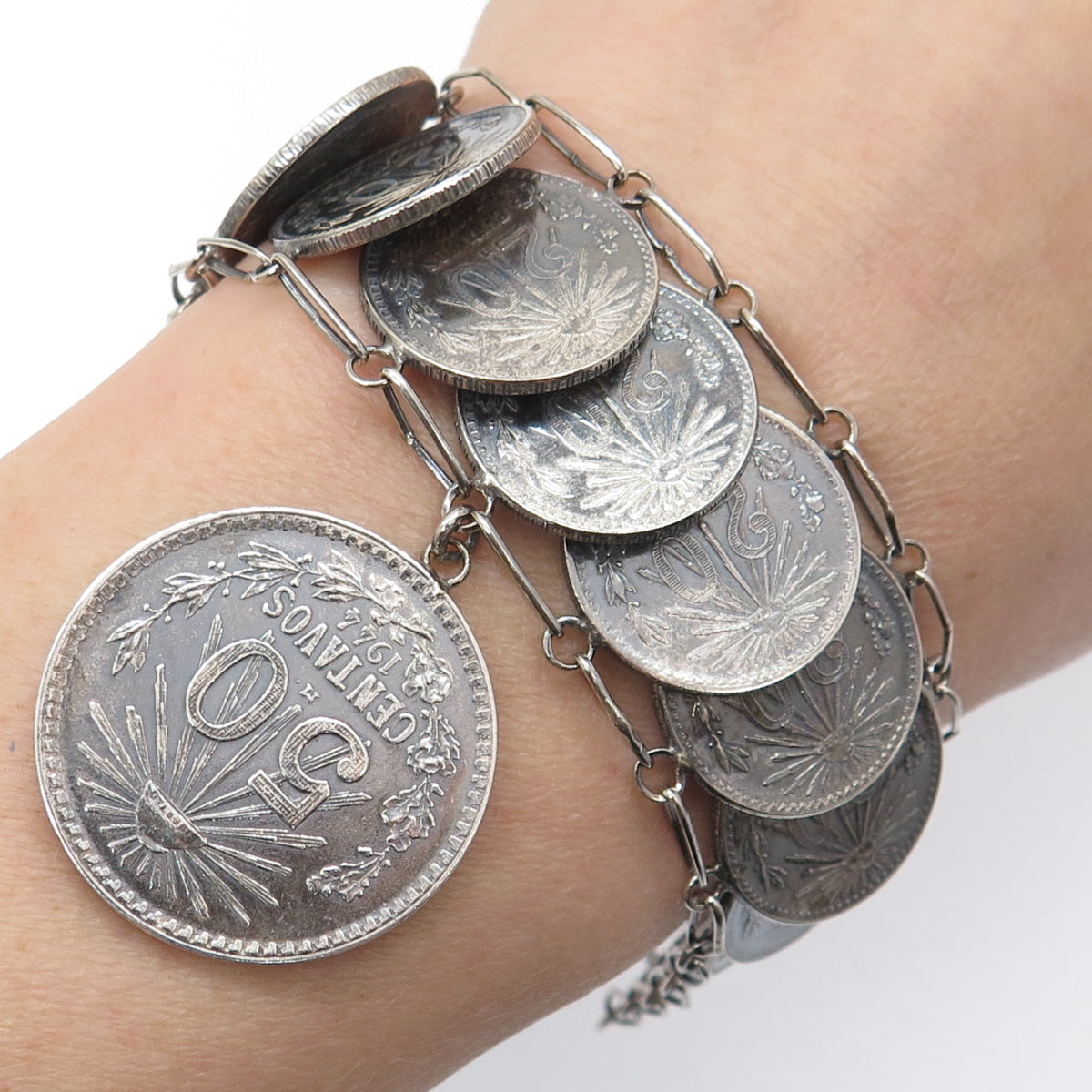 720 Silver Antique 1940s Mexico 20 & 50 Centavos Coin Link Bracelet 7"