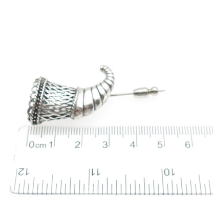 925 Sterling Silver Vintage Horn of Plenty Oxidized Lapel Pin