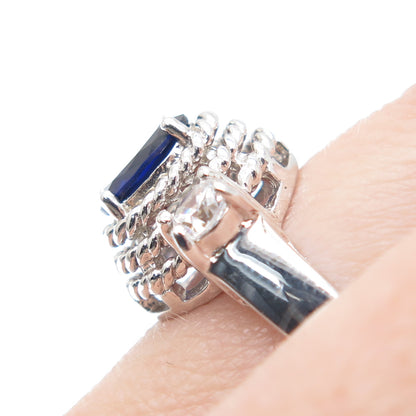 925 Sterling Silver Real Sapphire Gemstone & C Z Roped Bezel Ring Size 7.25