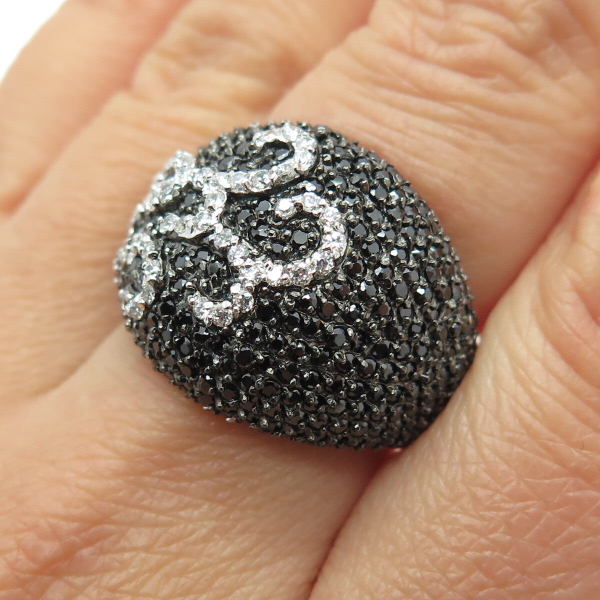 925 Sterling Silver Real Round-Cut Black Spinel & C Z Swirl Dome Ring Size 7.25