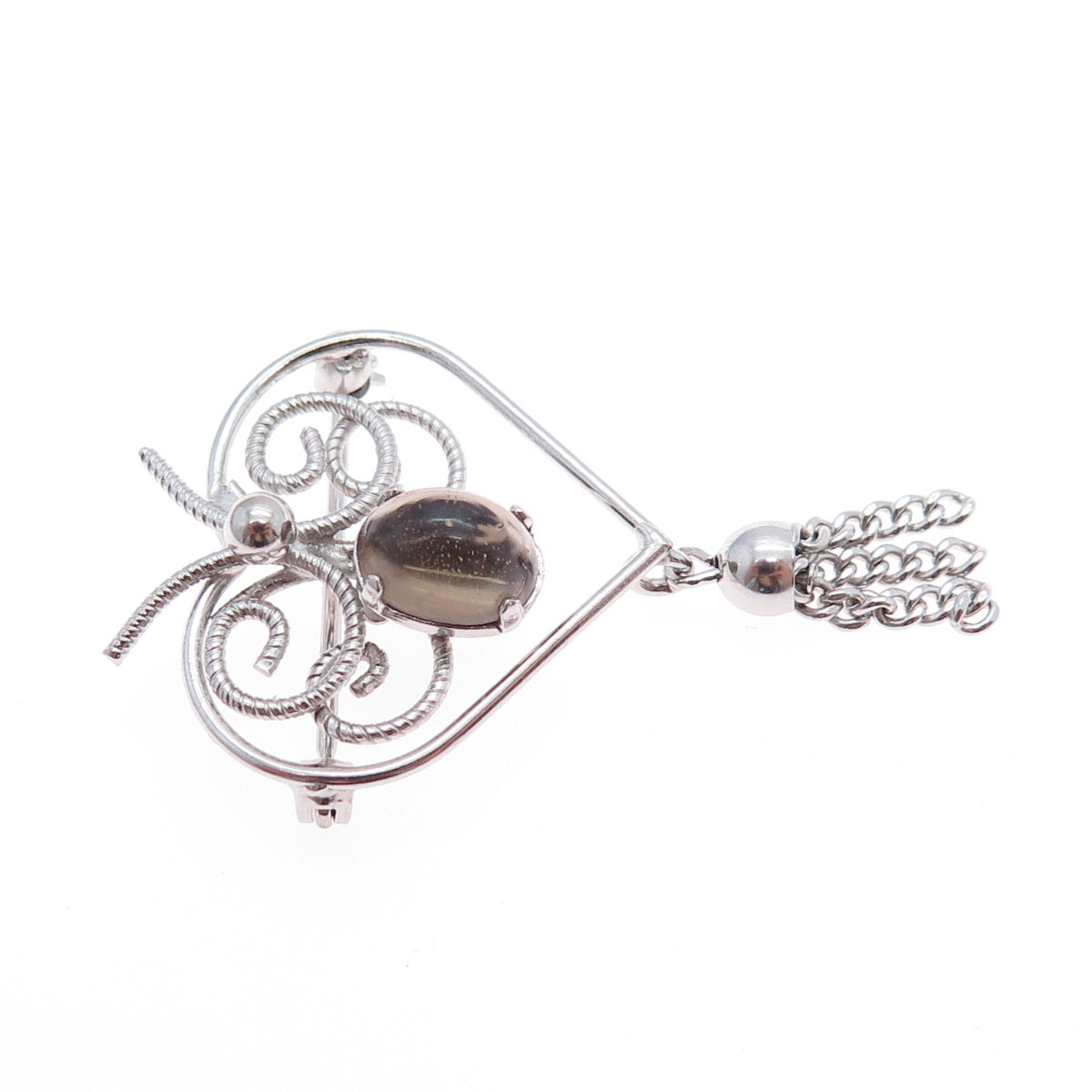 WELLS Sterling Silver Vintage Real Smoky Quartz Butterfly Heart Tassel Brooch
