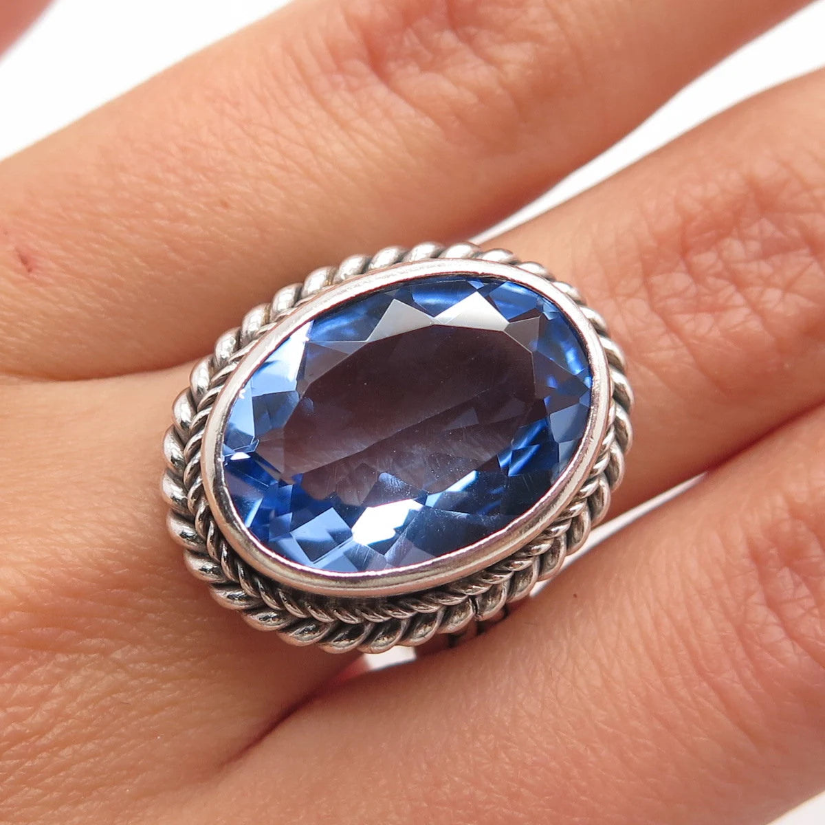925 Sterling Silver Vintage AF Glass Twisted Oval Ring Size 7.75