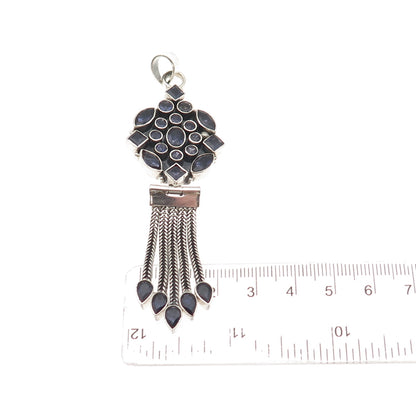 925 Sterling Silver Vintage Real Iolite Modernist Tassel Oxidized Pendant