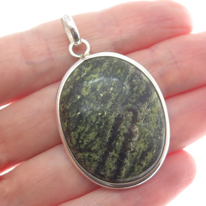 925 Sterling Silver Vintage Real Green Picture Jasper Gemstone Oval Pendant