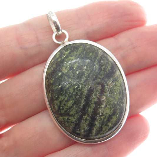 925 Sterling Silver Vintage Real Green Picture Jasper Gemstone Oval Pendant