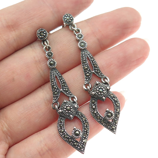 925 Sterling Silver Vintage Real Marcasite Gem Art-Deco-Style Drop Earrings