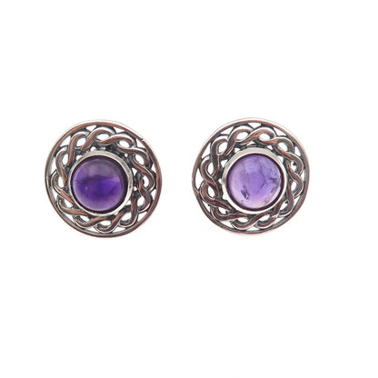 925 Sterling Silver Vintage Real Amethyst Celtic Woven Oxidized Earrings
