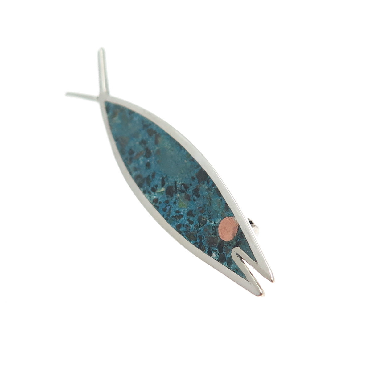 925 Sterling Silver 2-Tone Vintage Mexico Real Azurite Inlay Ichthys Pin Brooch