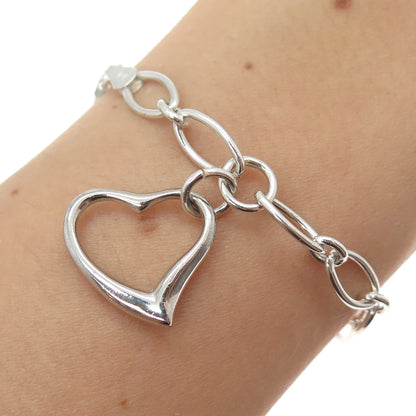 925 Sterling Silver Vintage Italy Heart Dangle Charm Oval Link Bracelet 7.25"