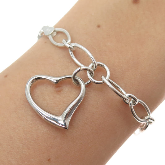 925 Sterling Silver Vintage Italy Heart Dangle Charm Oval Link Bracelet 7.25"