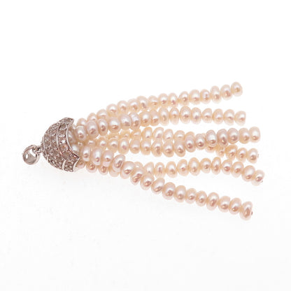 925 Sterling Silver Real Pearl & White Topaz Tassel Charm Pendant