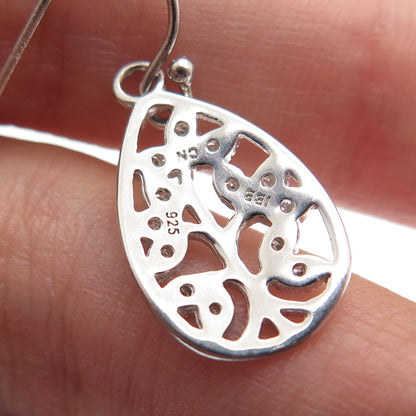 925 Sterling Silver Vintage Round-Cut C Z Floral Teardrop Dangle Earrings