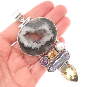 925 Sterling Vintage Agate Pearl Amethyst Citrine & Smoky Quartz Large Pendant