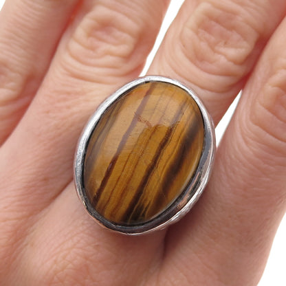 925 Sterling Silver Vintage Real Tiger Eye Modernist Oxidized Ring Size 10