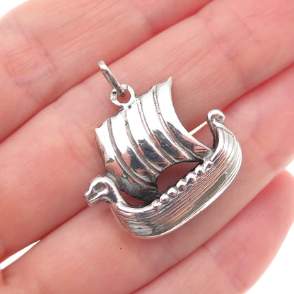 925 Sterling Silver Vintage Norway Viking Ship Oxidized Charm Pendant