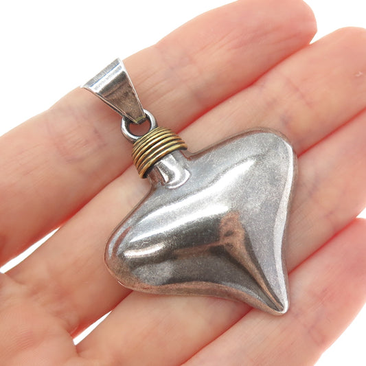 925 Sterling Silver 2-Tone Vintage Mexico Modernist Heart Oxidized Charm Pendant