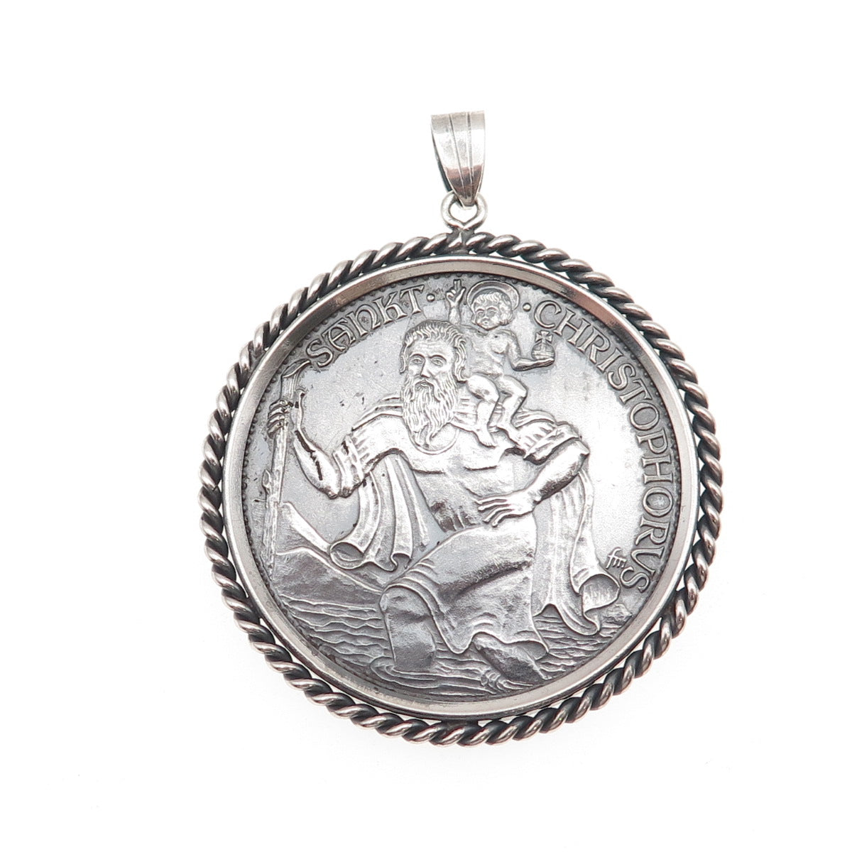 925 Sterling Frame & 1000 Silver Coin Vintage St. Christopher Zodiac Pendant