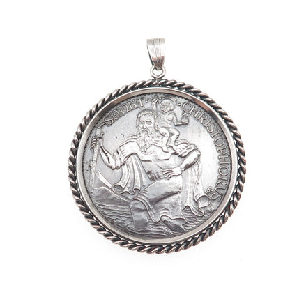 925 Sterling Frame & 1000 Silver Coin Vintage St. Christopher Zodiac Pendant