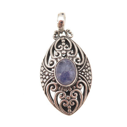 925 Sterling Silver Vintage Real Tanzanite Heart Ornate Oxidized Charm Pendant