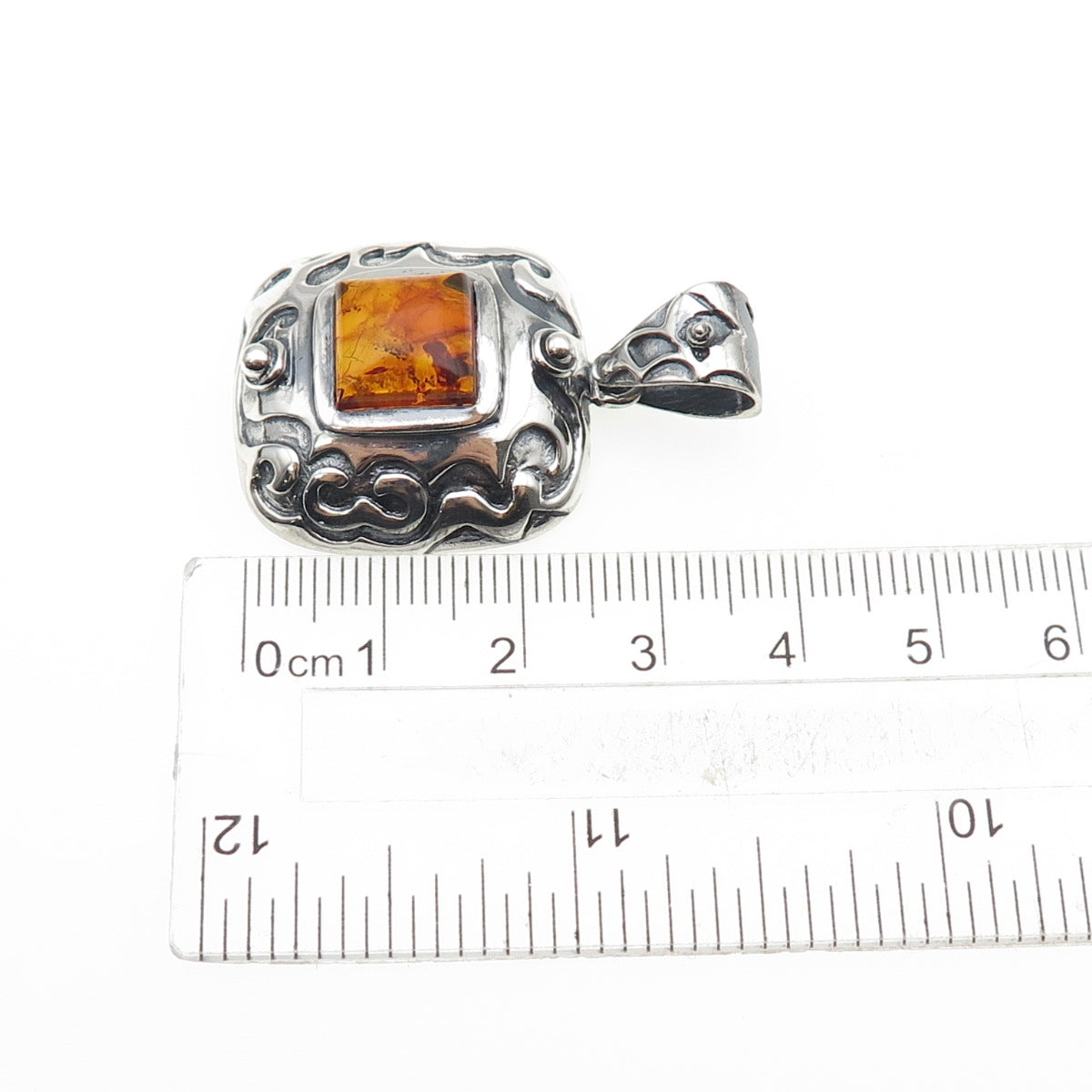 925 Sterling Silver Vintage Real Amber Swirl Oxidized Charm Pendant