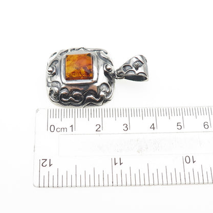 925 Sterling Silver Vintage Real Amber Swirl Oxidized Charm Pendant