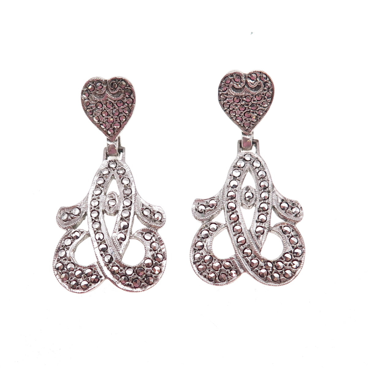 925 Sterling Silver Antique Art Deco Real Marcasite Heart Floral Dangle Earrings
