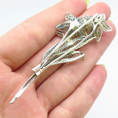 800 Silver Vintage Floral Filigree Pin Brooch