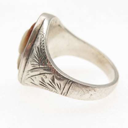 800 Silver Antique Art Deco Real MOP Carved Roman Warrior Oxidized Ring Size 9.5