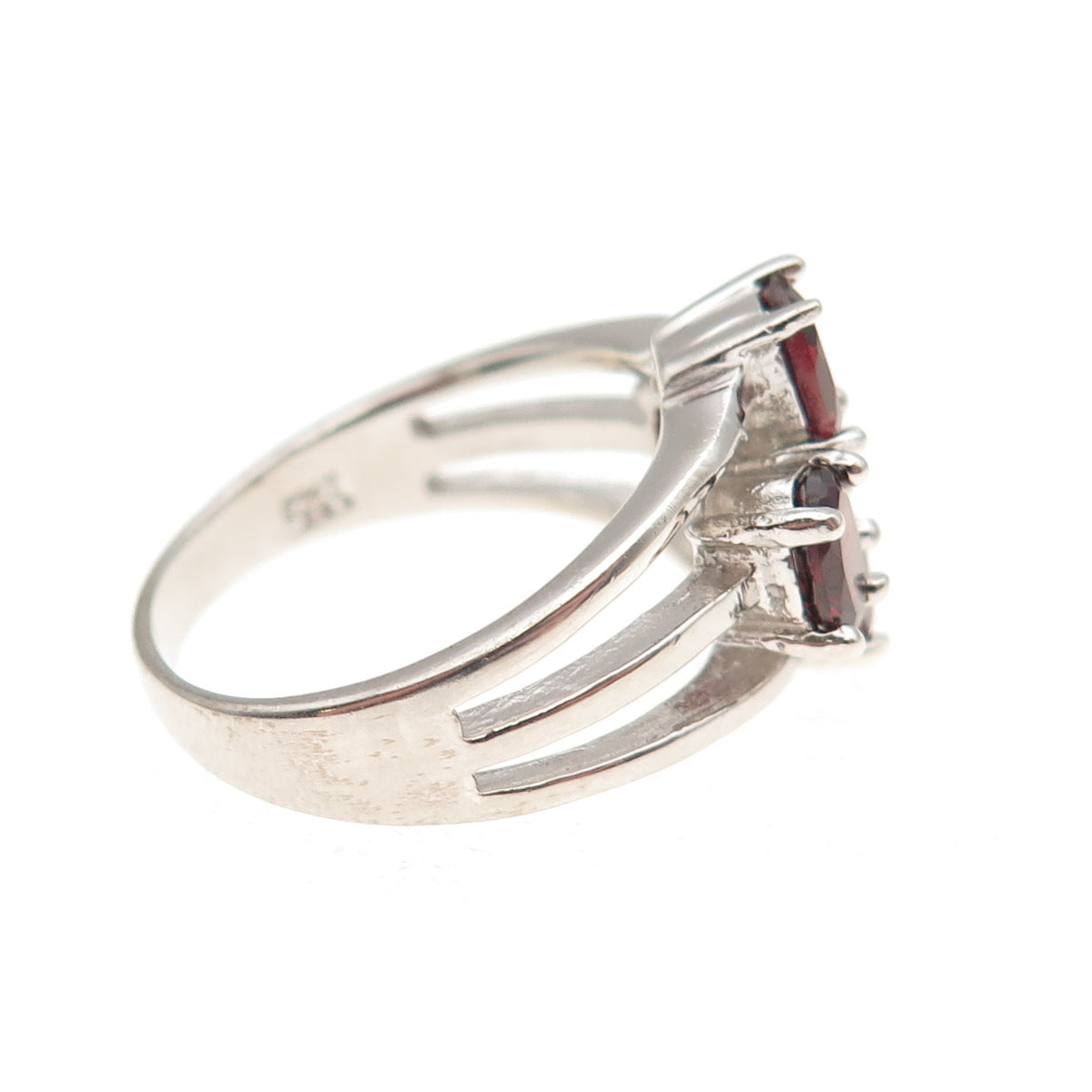 925 Sterling Silver Vintage Real Oval-Cut Red Garnet 3-Row Ring Size 7.5