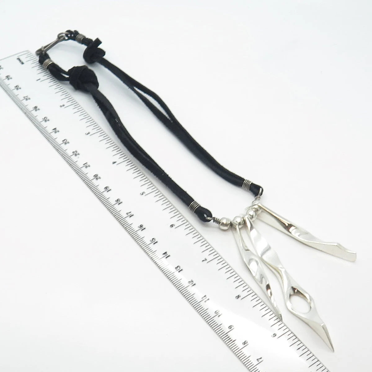 925 Sterling Silver Vintage Israel Modernist Triple Bar Leather Necklace 14"