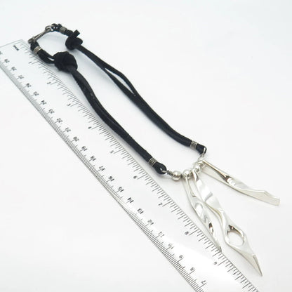 925 Sterling Silver Vintage Israel Modernist Triple Bar Leather Necklace 14"