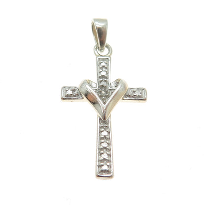 925 Sterling Silver Real White Diamond Accent Cross w/Heart Pendant