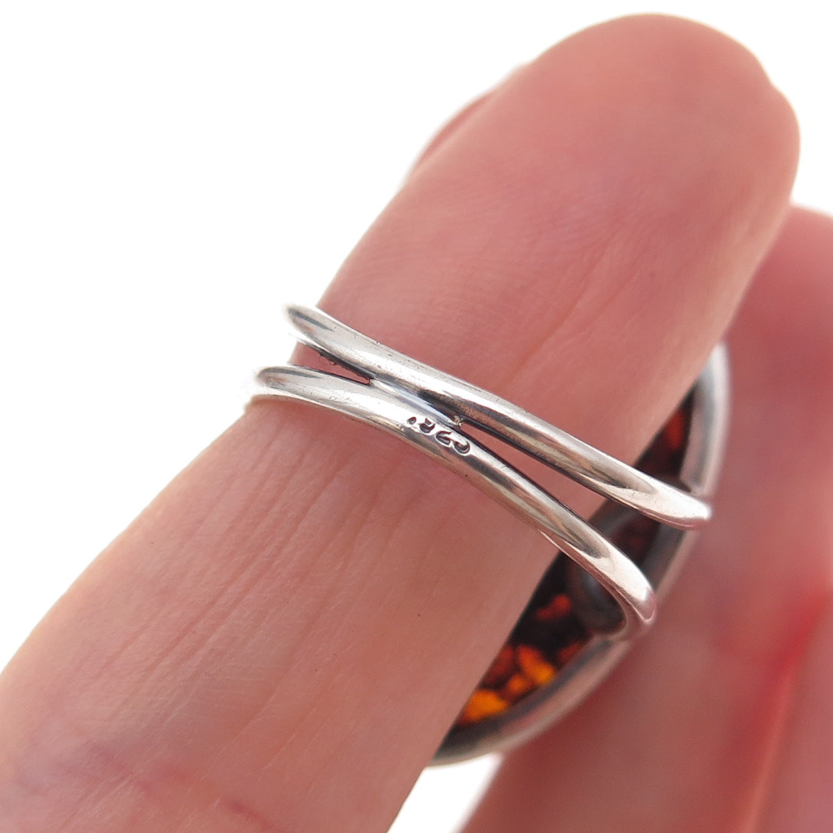 925 Sterling Silver Vintage Real Amber Modernist Oxidized Ring Size 8.25