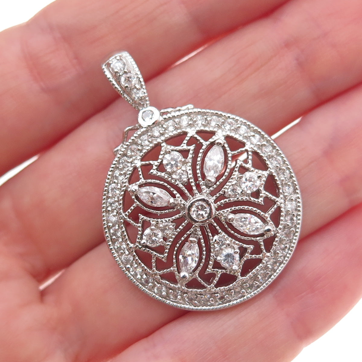 925 Sterling Silver Round & Marquise-Cut C Z Floral Circle of Life Pendant