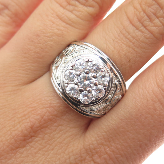 925 Sterling Silver Vintage Round-Cut C Z Floral Oxidized Ring Size 10