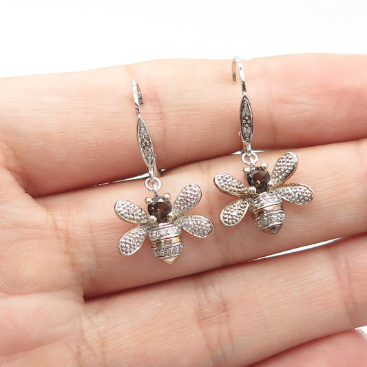 925 Sterling Silver Gold Plated White Diamond & Smoky Quartz Bee Drop Earrings