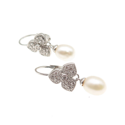 ESPO Joseph Esposito 925 Sterling Silver Real Pearl & C Z Floral Earrings