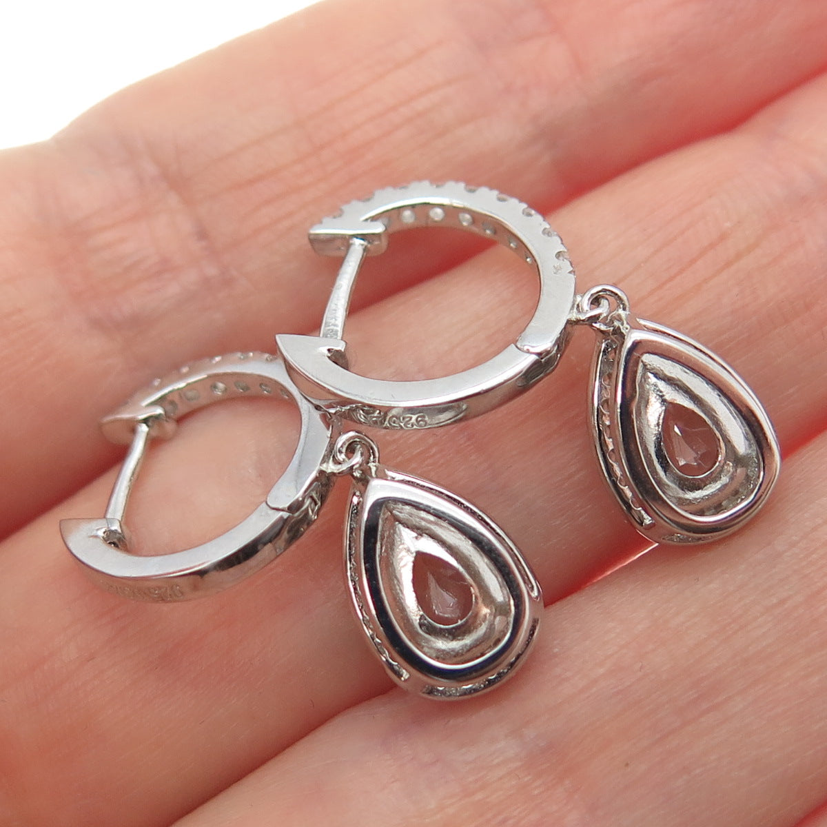 DSMK 925 Sterling Silver Pear & Round-Cut C Z Dangle Earrings