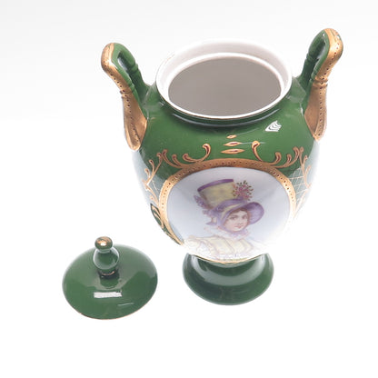 Antique Late XIX Gold & Green Hand-Painted Porcelain Victorian Lady Vase w/ Lid