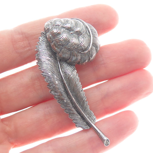 925 Sterling Silver Antique Art Deco Feather Oxidized Pin Brooch
