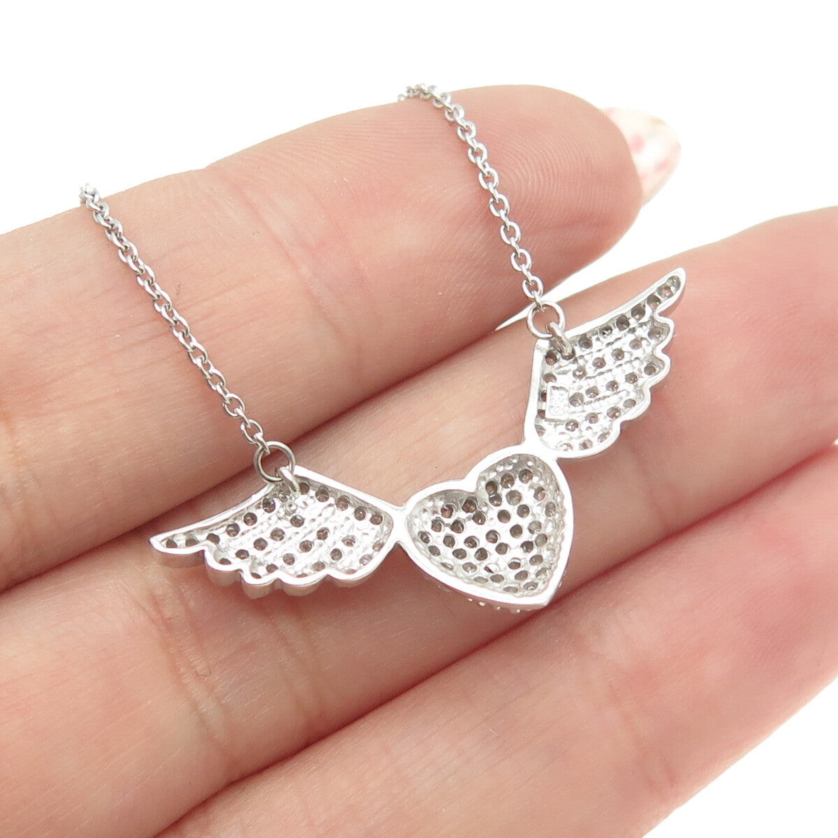 925 Sterling Silver Pave C Z Heart w/Wings Cable Chain Necklace 18-20"