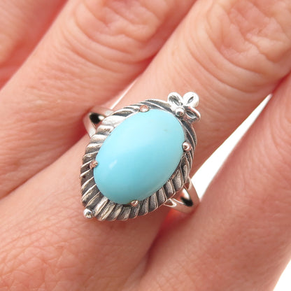 925 Sterling Silver Real Tyrone Turquoise Floral Oxidized Ring Size 8