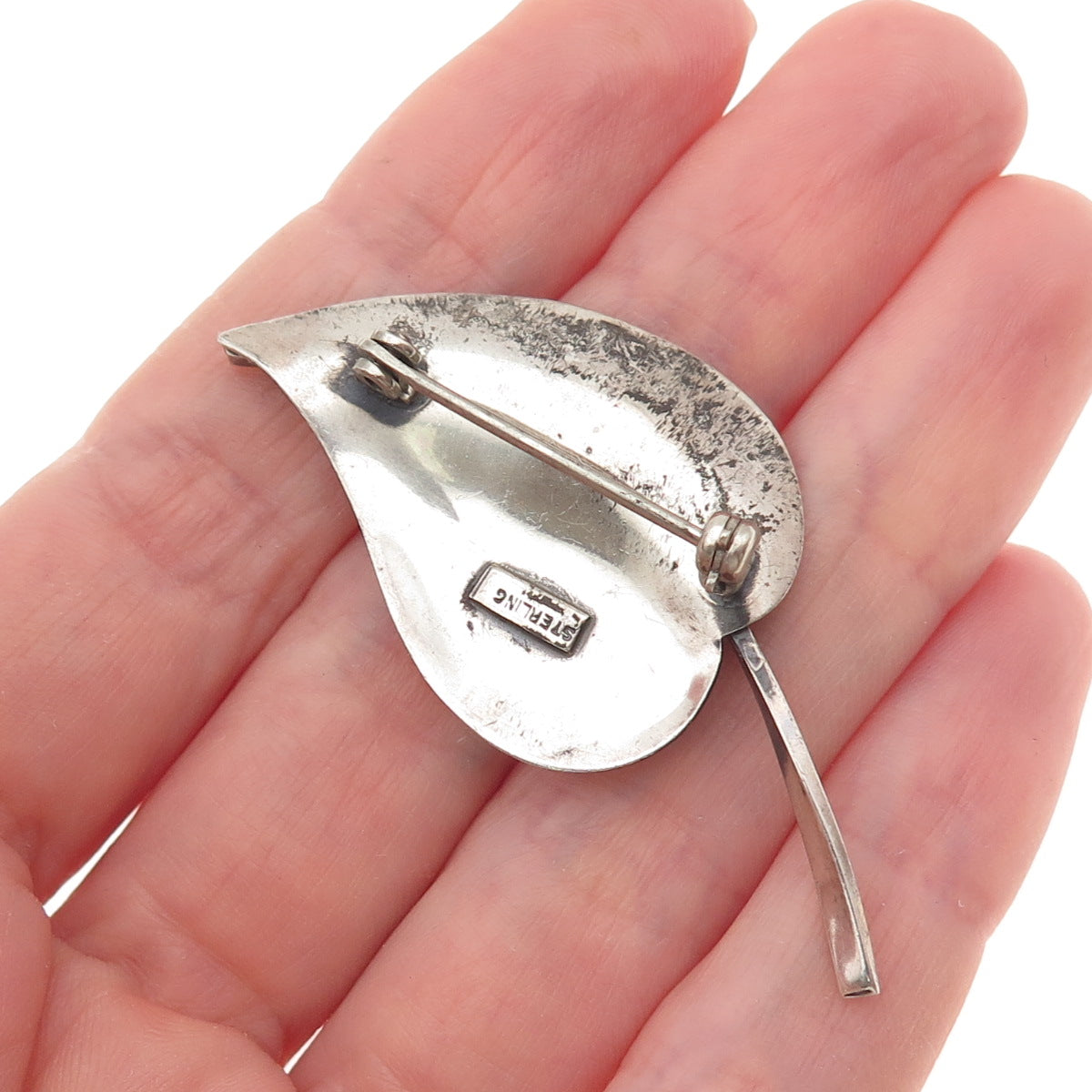 925 Sterling Silver Vintage Modernist Floral Leaf Oxidized Pin Brooch