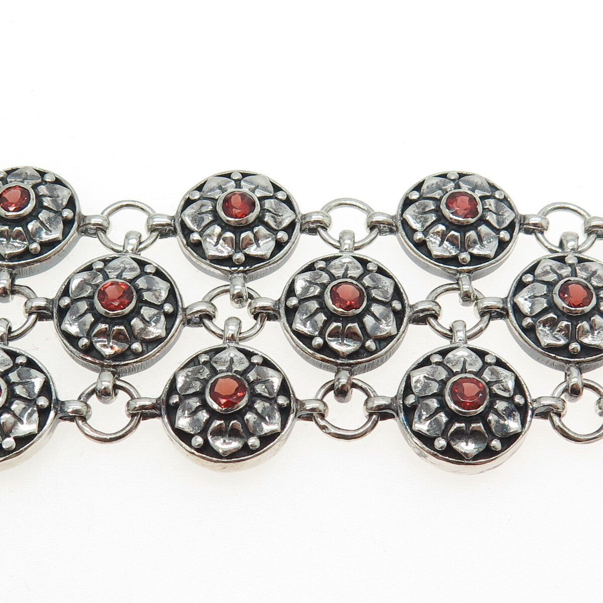925 Sterling Silver Vintage Real Red Garnet Floral Disc Cluster Link Bracelet 7"