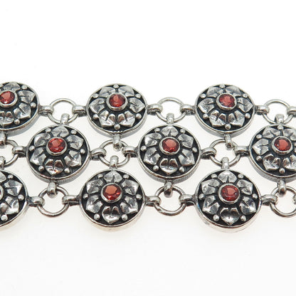 925 Sterling Silver Vintage Real Red Garnet Floral Disc Cluster Link Bracelet 7"