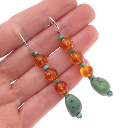 925 Sterling Silver Vintage Real Turquoise & Amber Beaded Dangle Earrings